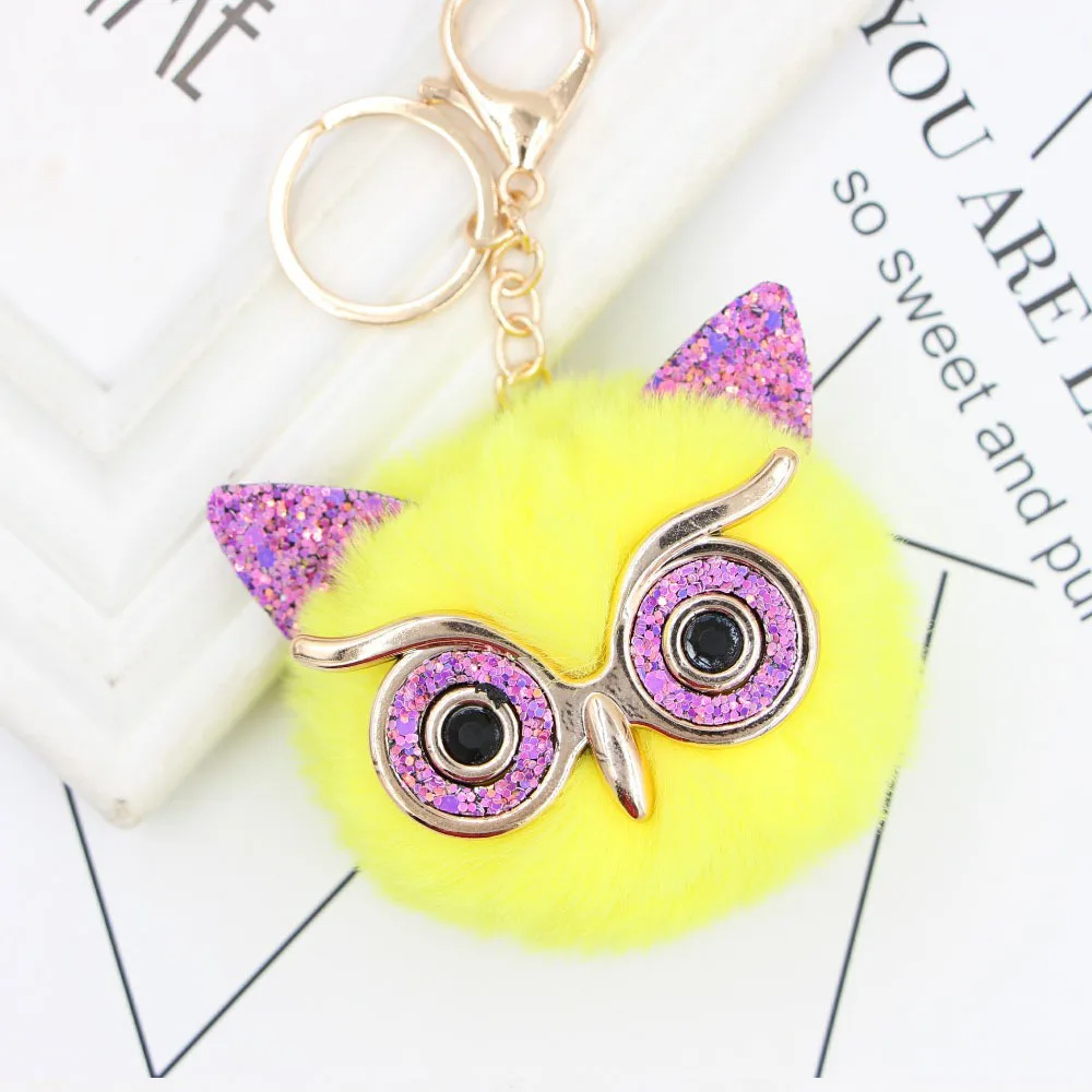 

Cute Pompom Owl Keychain Pom Pom Key Chain Rabbit Fur Ball Pompon Porte Clef Fluffy Leather Key Ring Llaveros Gold