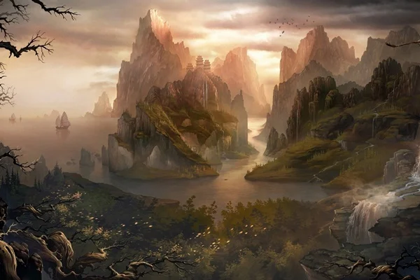 digital art fantasy art nature landscape water rock hill