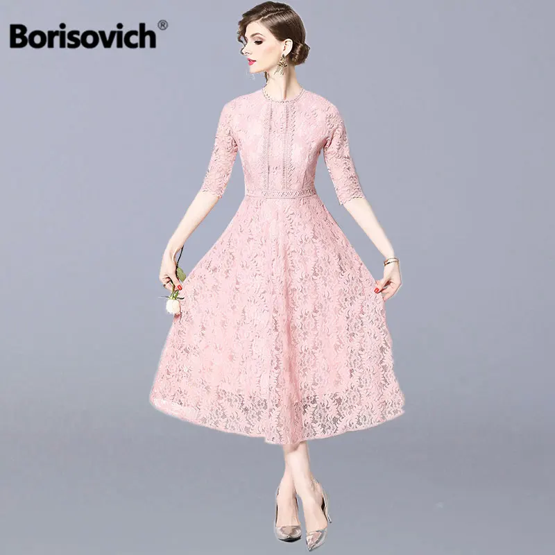 Borisovich السيدات أنيقة حزب فساتين العلامة التجارية الجديدة 2019 الصيف أزياء كبير سوينغ ألف خط النساء عارضة الدانتيل فستان طويل N968