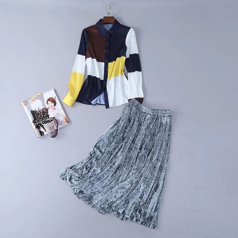 

HIGH QUALITY New Stylish 2019 Runway Suit Set Women's Color Block Long Sleeve Shirt Pleated Skirt Set