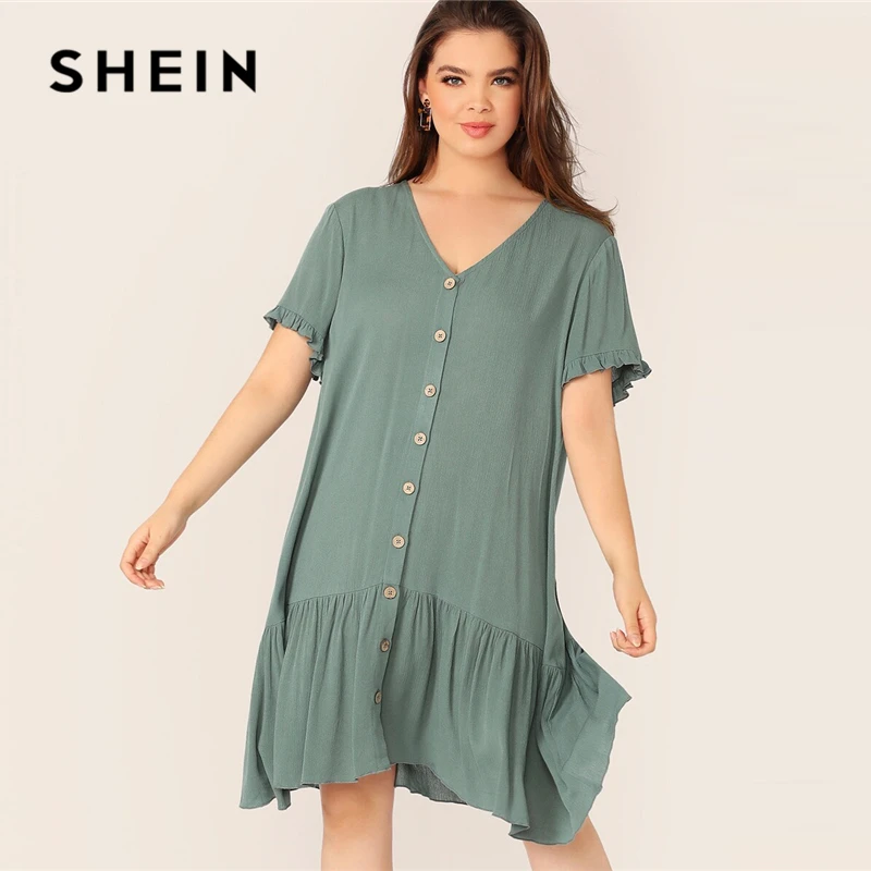 

SHEIN Plus Size Green Ruffle Cuff Button Front Flippy Hem Dress 2019 Women Summer Casual Flounce Sleeve Drop Waist Plus Dresses