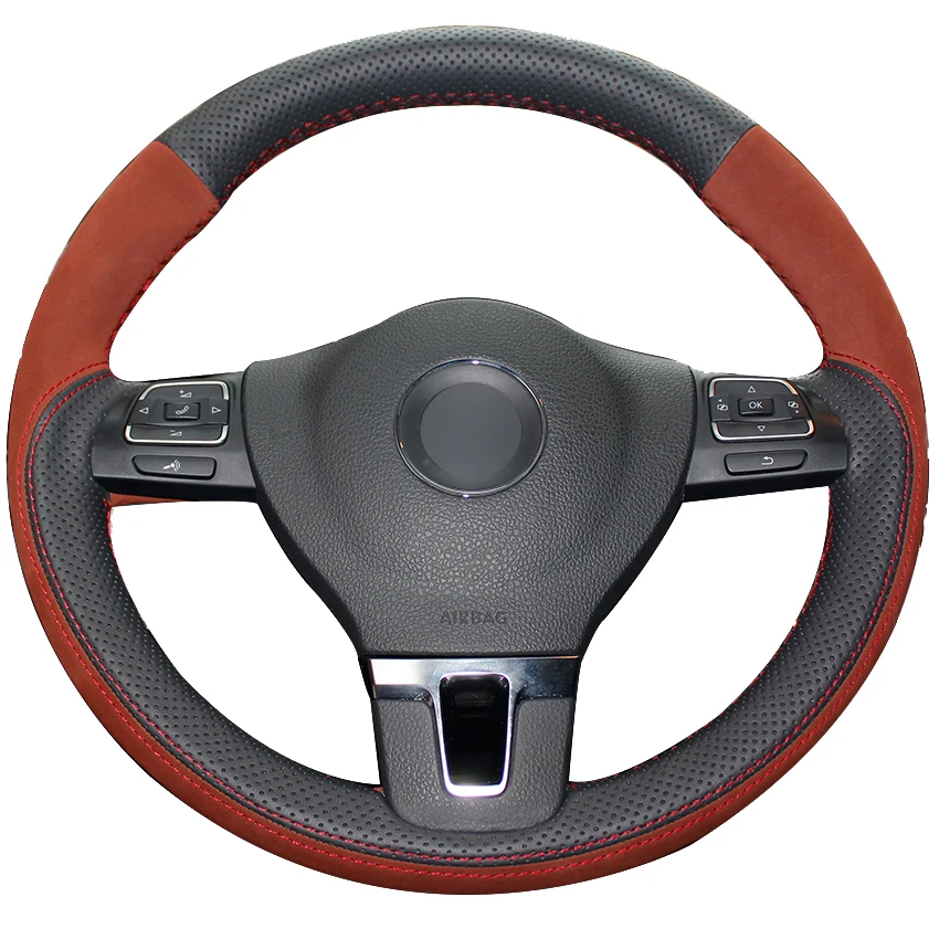 Black Natural Leather Brown Suede Car Steering Wheel Cover for