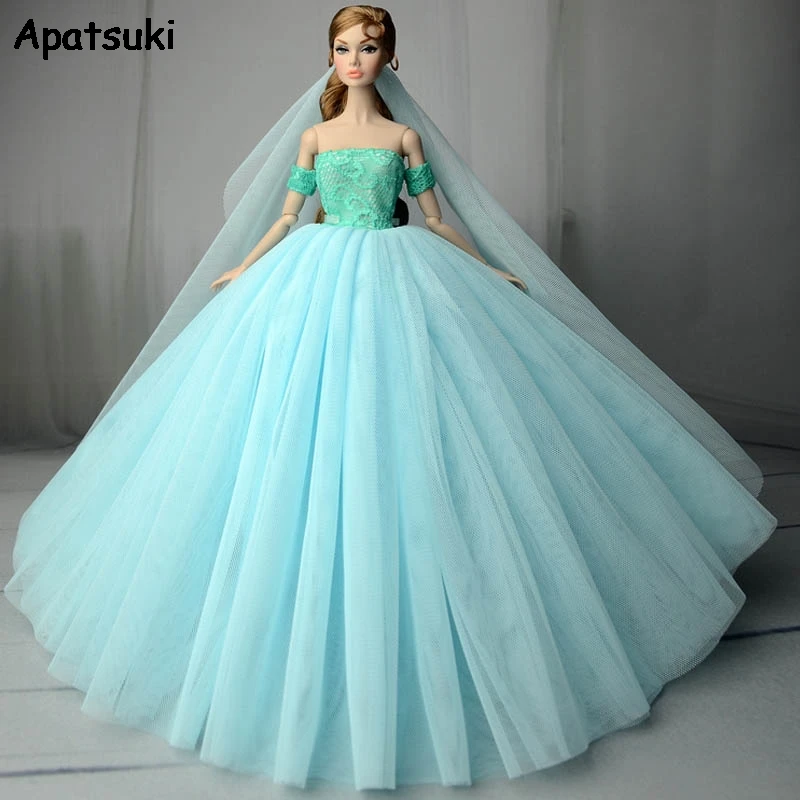 

Blue Fashion Doll Clothes for Barbie Doll Dress Princess Evening Dresses Party Gown Outfits + Veil 1/6 Doll Accessories Kids Toy