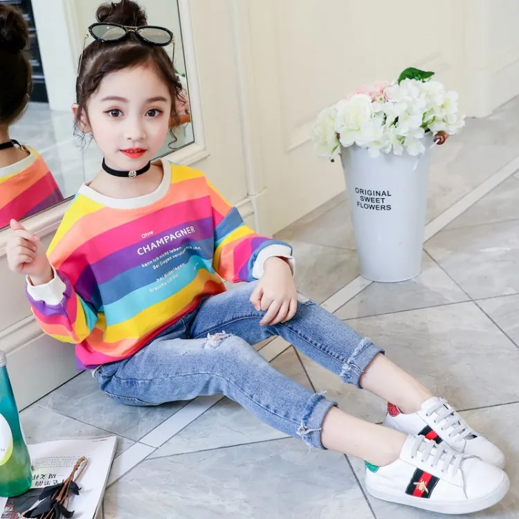 

Spring Autumn girls blouse baby shirt kids tops 2019 children clothes toddler pullover rainbow striped letter print 2 to 7 yrs