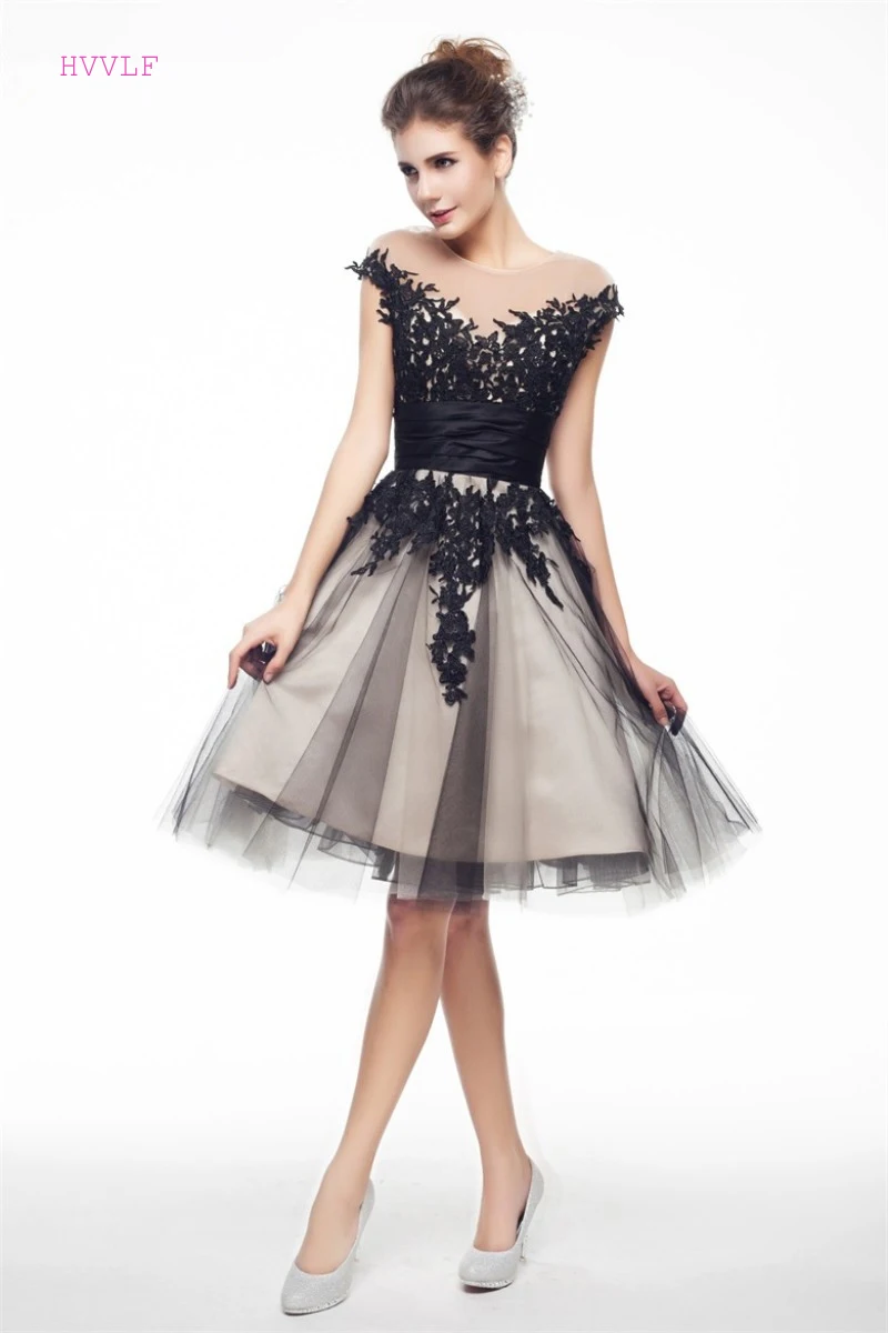 

Black 2019 Homecoming Dresses A-line Cap Sleeves Knee Length Tulle Appliques Lace Backless Elegant Cocktail Dresses
