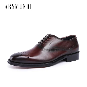 

Men Genuine Leather Dress Shoes Square Oxfords Cowhide Leather Lace-up Pig Inner Round Toe Wedding Business Shoes 2019 New