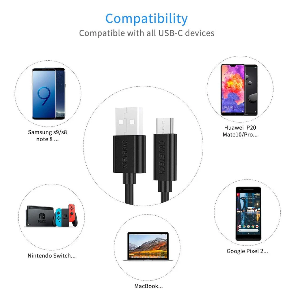 USB Type C кабель CHOETECH для быстрой зарядки Xiaomi Mi9 Redmi Note 7 Samsung Galaxy S9 синхронизации