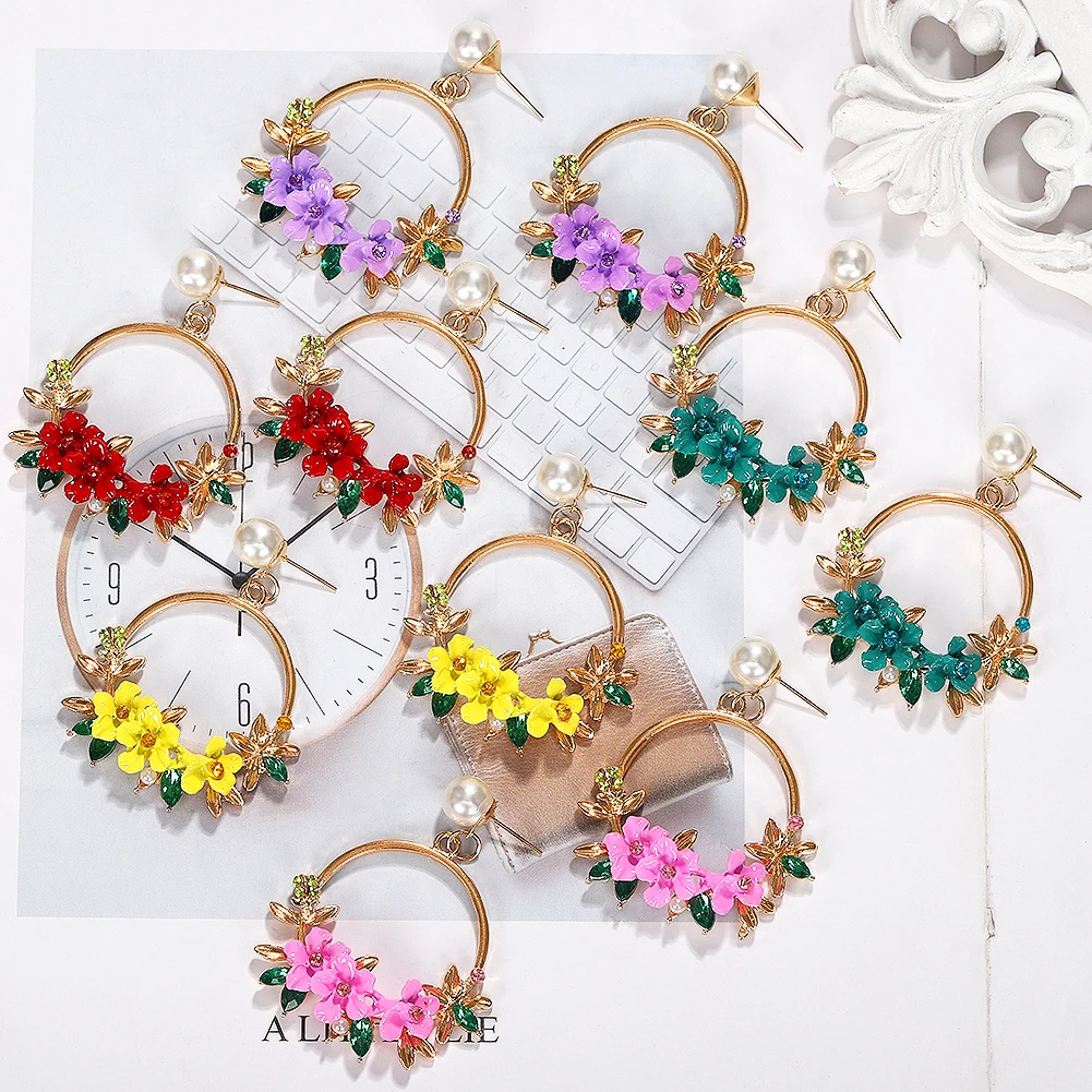 

Metal Flower simulated Pearl Drop Earrings 2019 Korean Trendy Round Fashion Wedding Hang Earring for Women Cute Gift Colorful