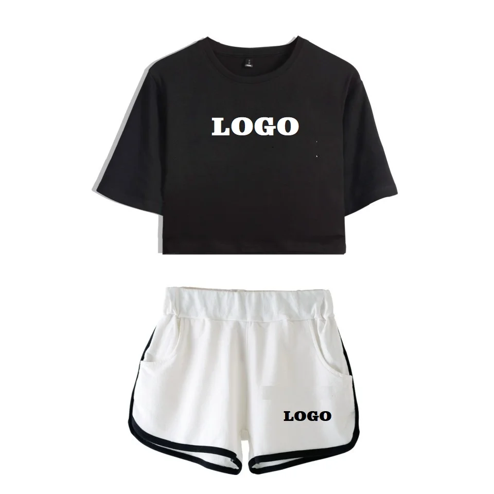 Дропшиппинг DIY Пользовательский логотип комплект из двух предметов женский хлопковый укороченный топ и шорты Kpop сексуальный пупок укороченная футболка костюм Лето - Цвет: black 1 Custom Logo