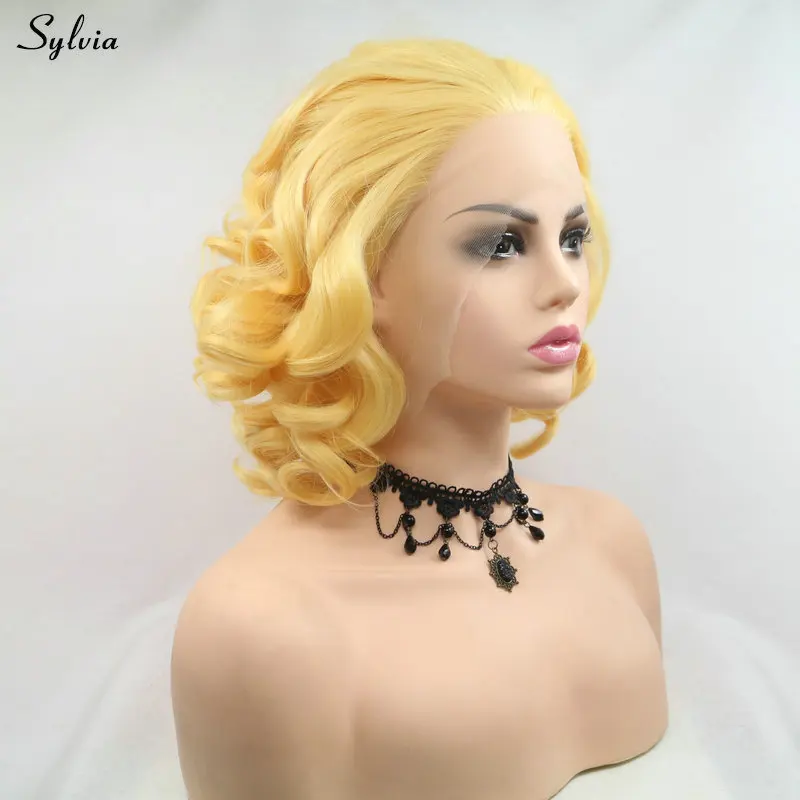 Resistente ao Calor Dianteira do Laço Natural do Cabelo Férias para Mulheres Sylvia Perucas Loiras Ombre Sintético Peruca Linha Fina Curto Bob Meninas Verão 4 Cheap Peruca sintética