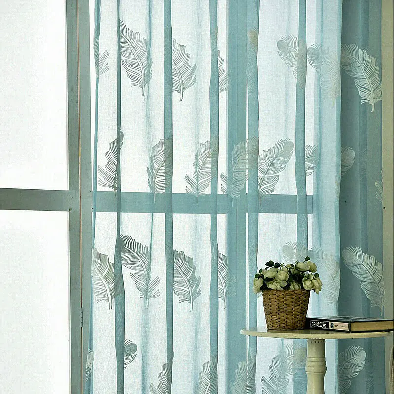 

Window Sheer Linen Embroidered Tulle For Living Room Bedroom Kitchen Modern Pattern Decor Feather Pastoral E-friendly Style