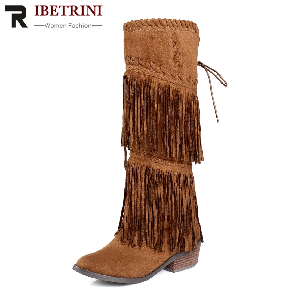 

RIBETRINI Fashion Thicker Fur Addable Fringe 4.5cm Med Square Heels Zip Cow Suede mid-calf Boots For Ladies 33-43 Plus Size
