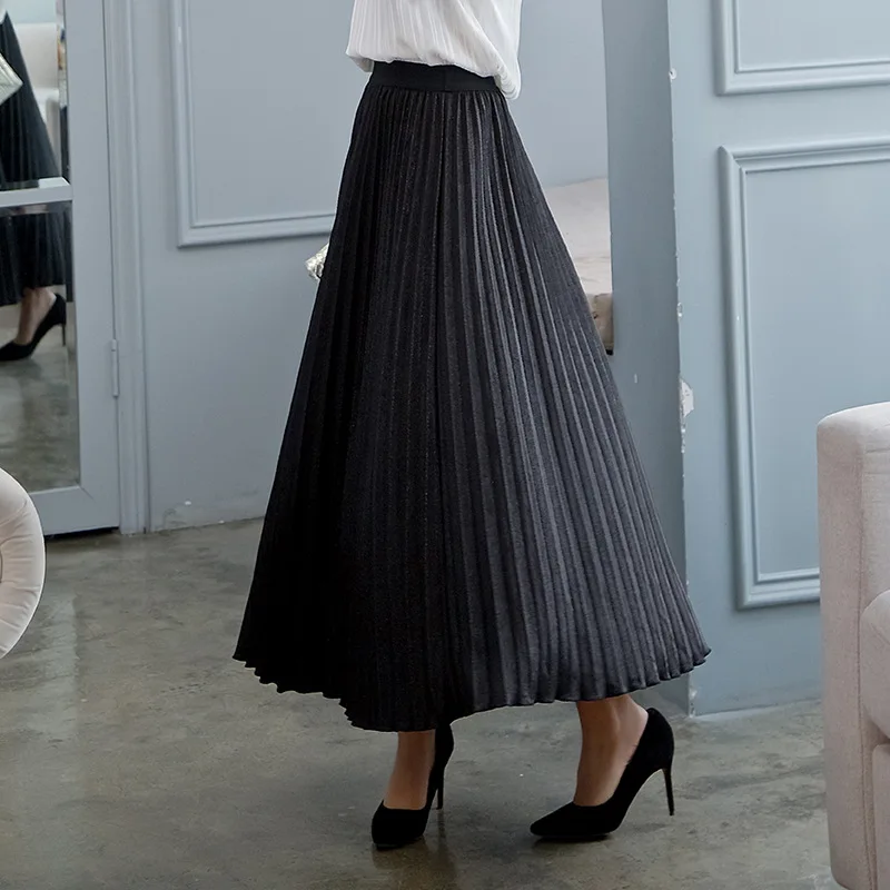 

Elastic Waist Black Long Pleated Skirt Women 2019 Spring Summer Shinning Yarn Maxi Skirt Lady 3022LY