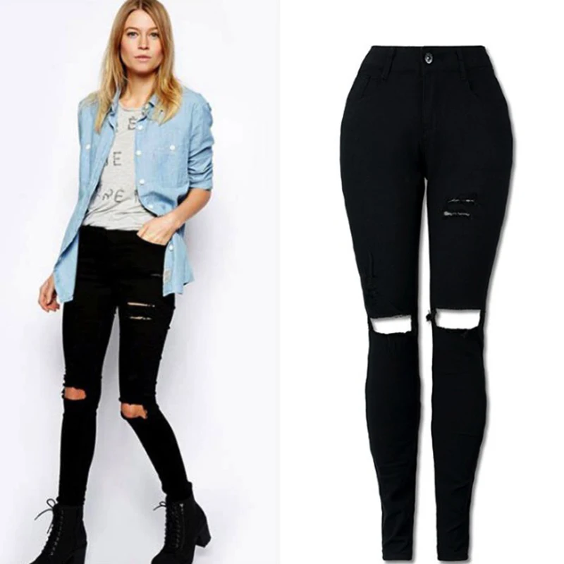Прямая доставка длинные джинсы для женщин высокая талия тощий карандаш синие джинсы Рваные брюки стиля гранж эластичные Высокие Стрейч