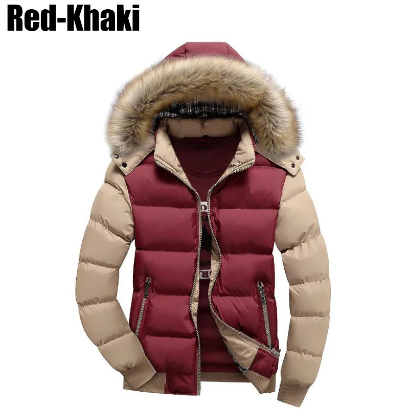 Модная зимняя мужская куртка с меховым воротником и капюшоном, мужская верхняя одежда, Классическая простая теплая парка, мужская куртка - Цвет: Red-Khaki