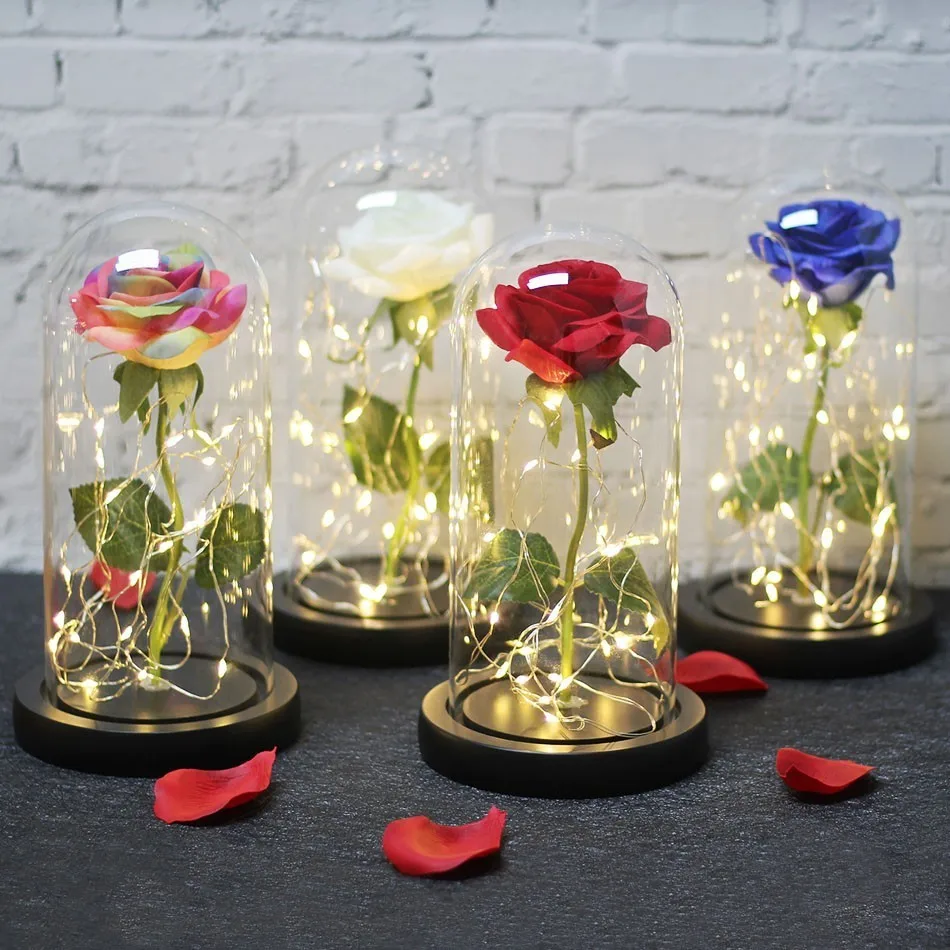

3 styles Beauty And Red Rose Beast At A Glass Summit On A Wood Base For Valentine's Day Birthday Present Took Up Christmas Lamps