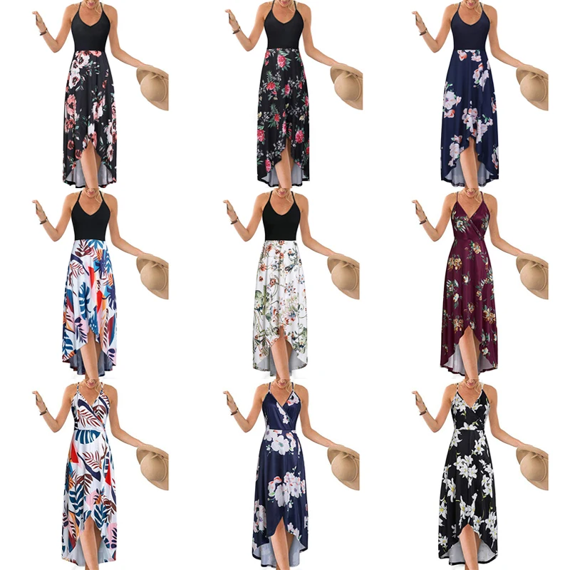 

New Arrival Women V Neck Sleeveless Dress Summer Asymmetrical Patchwork Floral Maxi Dresses