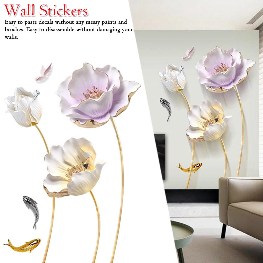 

Wall Stickers Home Decor Decoration Poster Chinese Style Flower 3D Wallpaper Living Room Bedroom Bathroom
