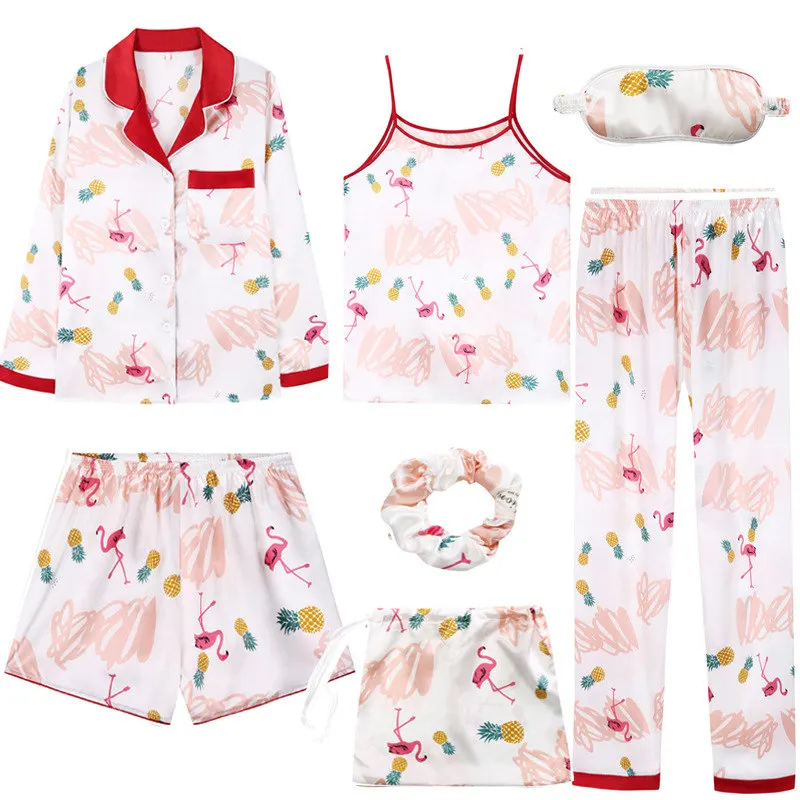 Новые атласные пижамы пижамный комплект для женщин пижамы 7 штук женский кружевной Шелковый Полосатый Пижамный костюм Лето Осень женское белье для домашней носки - Цвет: 03 Flamingo