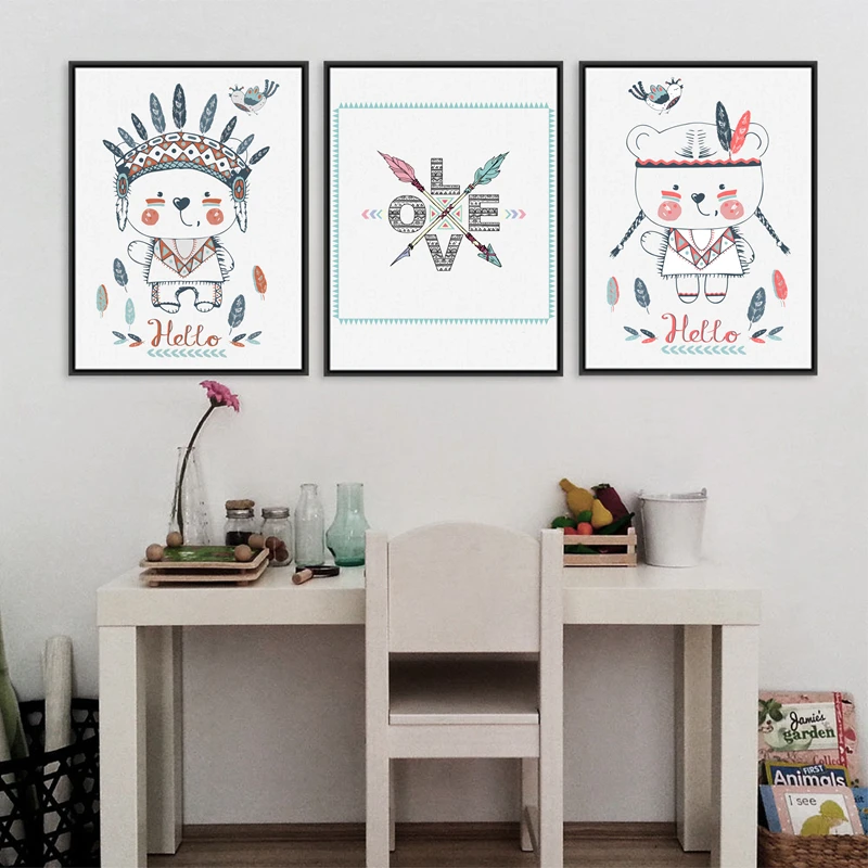 Hand Drawn Portrait Of Cute Indian Bear Boy And Girl Art Print Poster Cartoon Aborigin Canvas Painting Home Decoration | Дом и сад