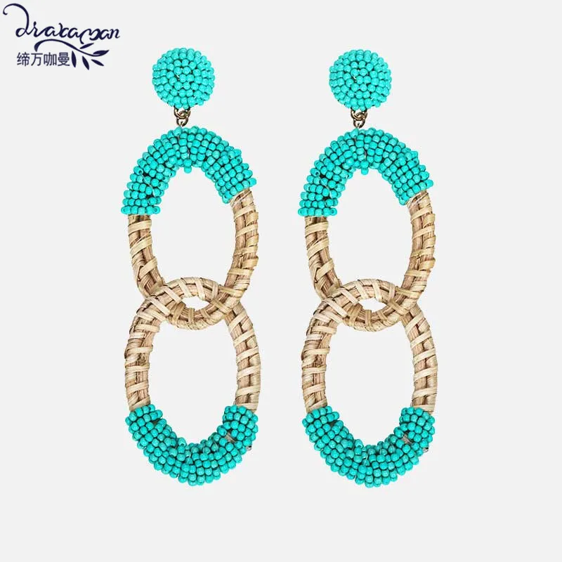 

Dvacaman Handmade Rattan Wooden Earrings for Women Bohemian Beads Big Statement Earrings Girl Wedding Party Simple Drop Earrings