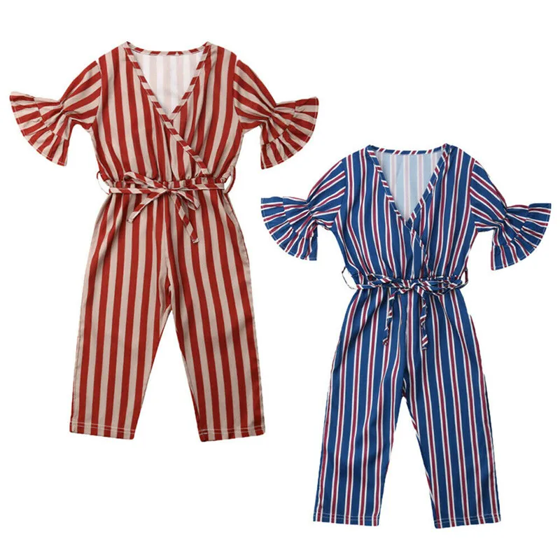 

2019 Toddler Kid Baby Girls Striped Jumpsuit Romper Flared Sleeve Playusit Fashion Sunsuit Outfits 1 to 6Y
