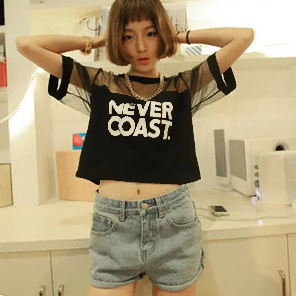 

Women T-Shirt Crop Top Shirt Sleeve Mesh See-through Short Tops For