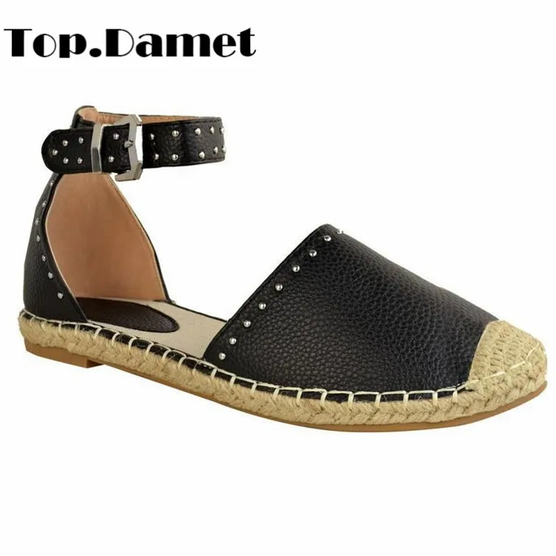 

Top.Damet Women Sandals Summer Ankle Strap Solid Color Casual Shoes Fashion Rivet Pointed Toe Flat Sandals Plus Size for Female