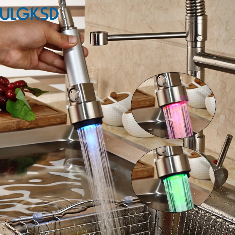 

Ulgksd LED Brushed Kitchen Faucet Pull Down Sprayer Flexible Hose Deck Mounted Sink Faucet Mixer Water Tap for Kitchen