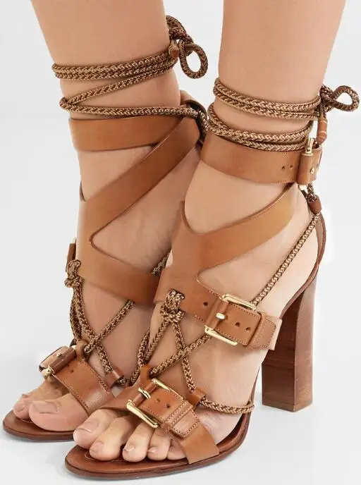 Brown Leather Straps Women Buckles Sandals Cut Out Style Ladies Chunky