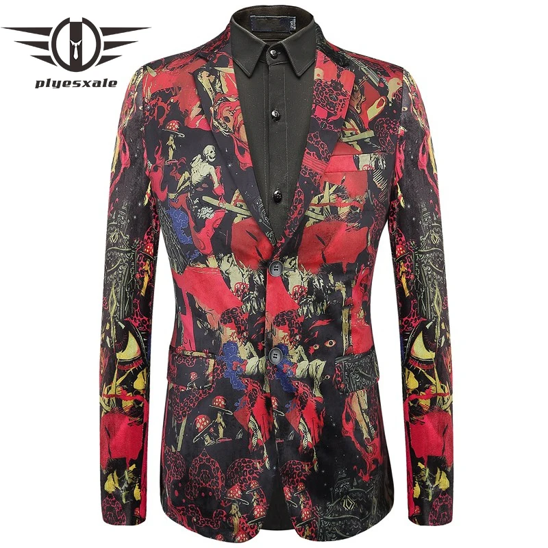 Plyesxale Brand 2018 Unique Skull Printed Blazer Men High Quality Casual Male Blazer Red Mens