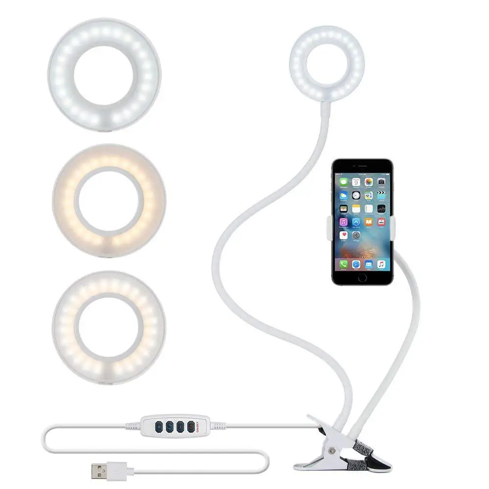 

led Ring Light with Stand for Live Stream Light Dimmable 10 Brightness Clamp on Lazy Bracket with iOS & Android Phone