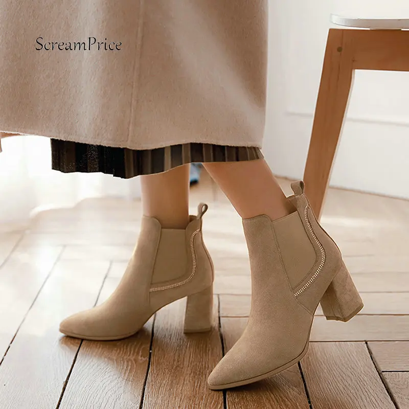

Ladies Suede Thick Heel Slip On Chelsea Boots Women Pointed Toe New Fall Winter Ankle Boots Black Nude
