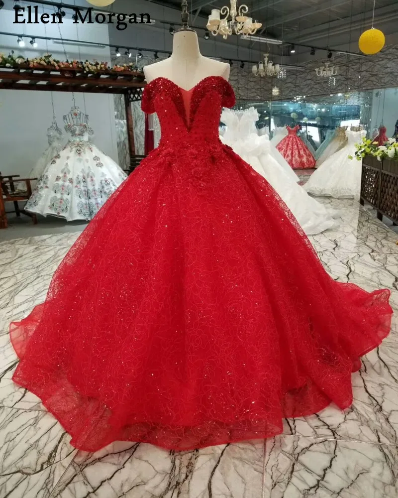 Красные вечерние, свадебные платья 3D цветы 2019 Vestido De Noiva блеск ткани Жемчуг Sexy с открытыми плечами Свадебные платья «Принцесса»