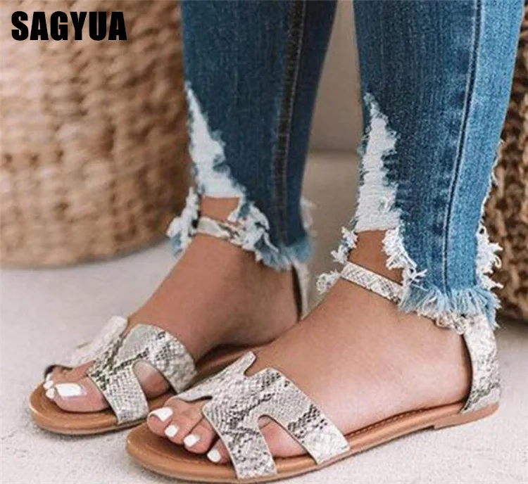 

Leopard plus size Women Sandals summer women flat Open Toe Comfort Casual shoes ladies Snake Ankle buckle footwear Female A621