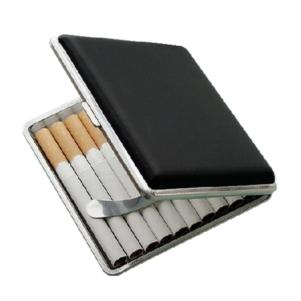 

1pc New Faux Leather Metal Frame Black Cigarette Storage Case Box Container for Lighter