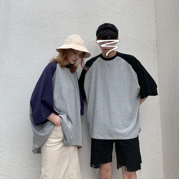 

2019 Summer New Color Matching Short-sleeved Half-sleeved Trend RaglanSleeves Male Couple Loose Korean Casual Large Size T-shirt