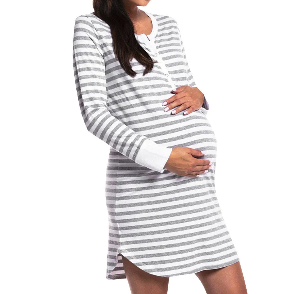 Женская ночная рубашка с длинным рукавом и пуговицами для кормящих, Полосатое платье для кормящих мам, hamile gecelik, популярная Пижама для беременных, ночное белье