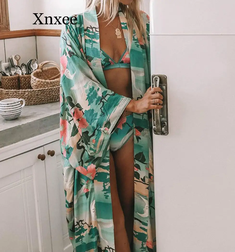 

Xnxee Boho Nightingale Pint Maxi кимоно в стиле хиппи шикарная Женская куртка с поясом на талии свободные кимоно с рукавом Повседневный длинный кардиган Топ