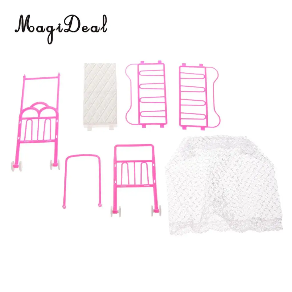 MagiDeal 1Pc Plastic Cot Bed with Bed Net Dollhouse Furniture Accs for Dolls Children Kids Pretend Play Toy