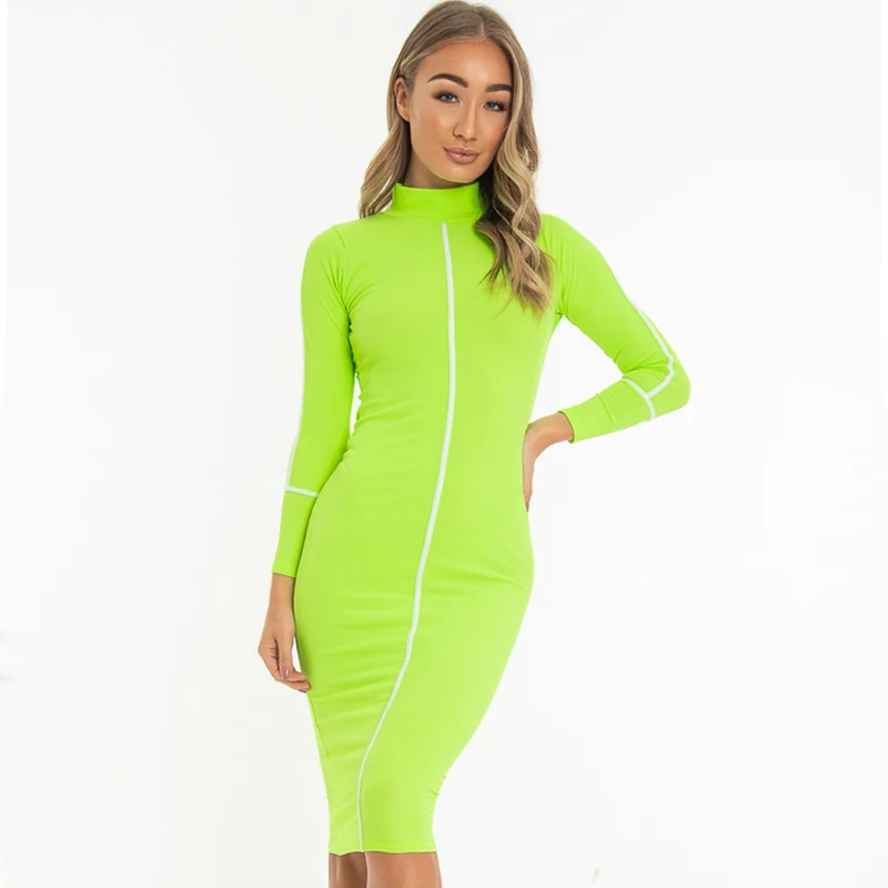 

Parthera Women Slim Fit Party Dress 2019 High Neck Long Sleeve Vintage Dress Pink Bodycon Basic Pencil Maxi Dress Black White