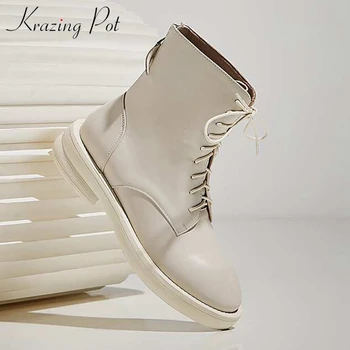 

krazing pot genuine leather European design med heels career punk style Winter round toe fashion runway lace up ankle boots l9f1