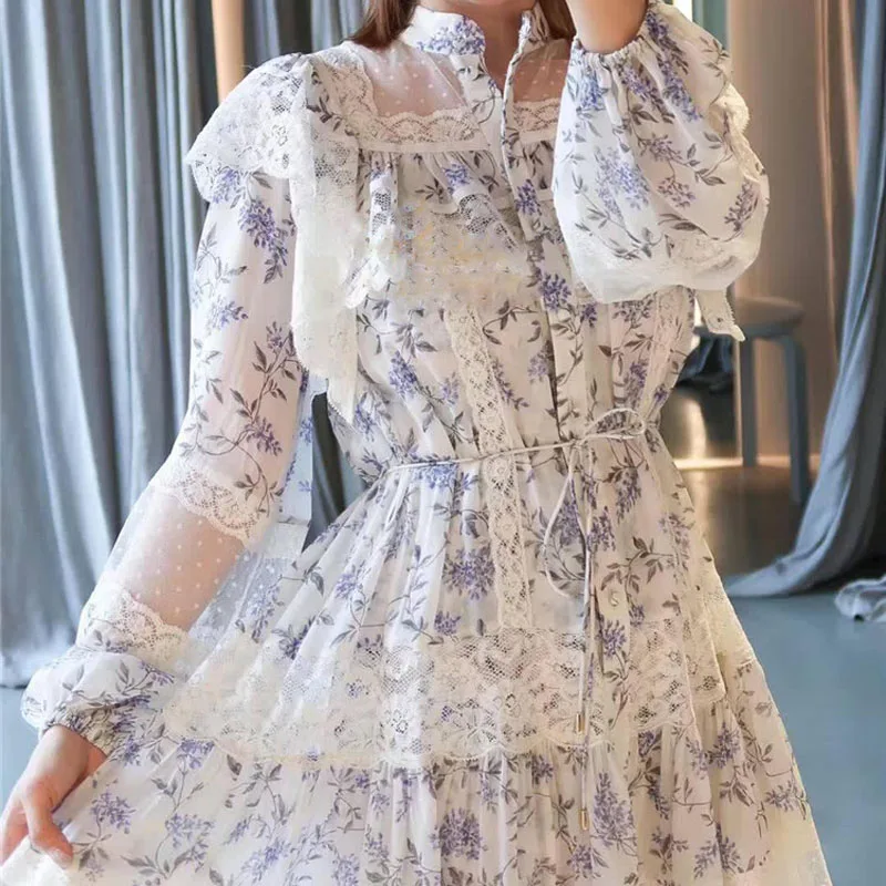 

2019 Fashion New Ruffled Lace Stitching Small Fresh Long-sleeved Chiffon Print High Waist Ladies Sexy Summer Dress Elegant