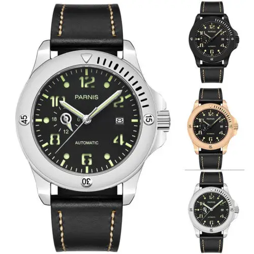 

44mm Parnis Black Dial Luminous Marks Date Leather strap Stainless steel Case Luxury Brand Miyota Automatic Movement men's Watch