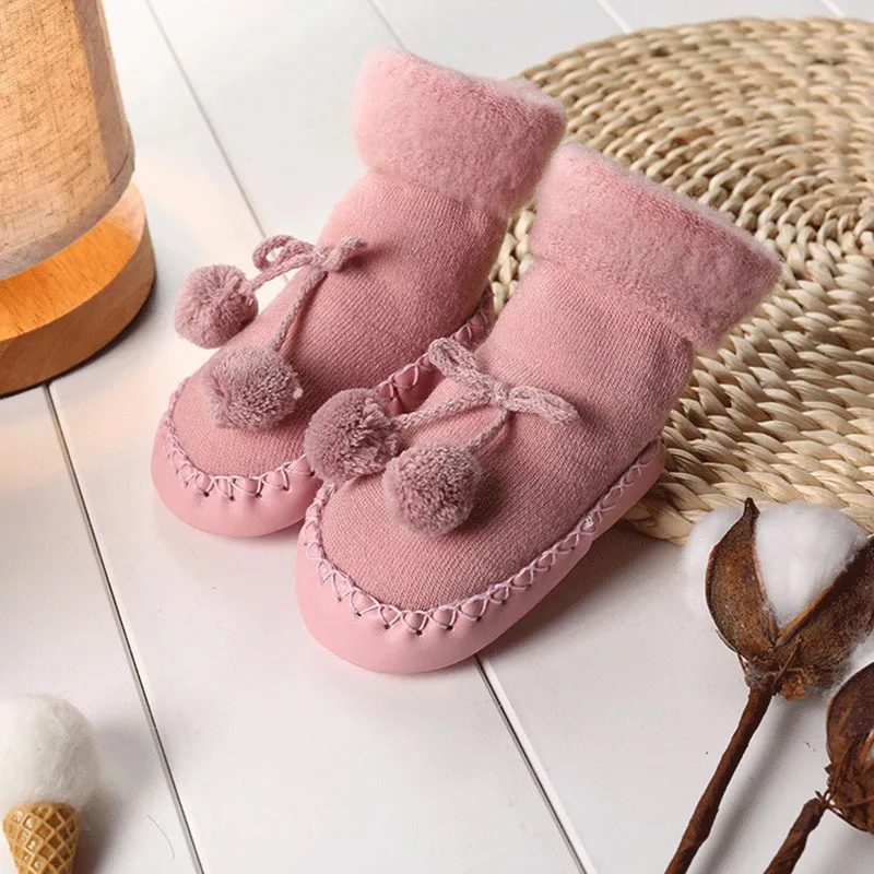 

0-12M Warm Baby Socks Cute Pompom Newborn Toddler Boy Girl Winter Socks Anti-slip Baby First Walking Sock Shoes Floor Socks