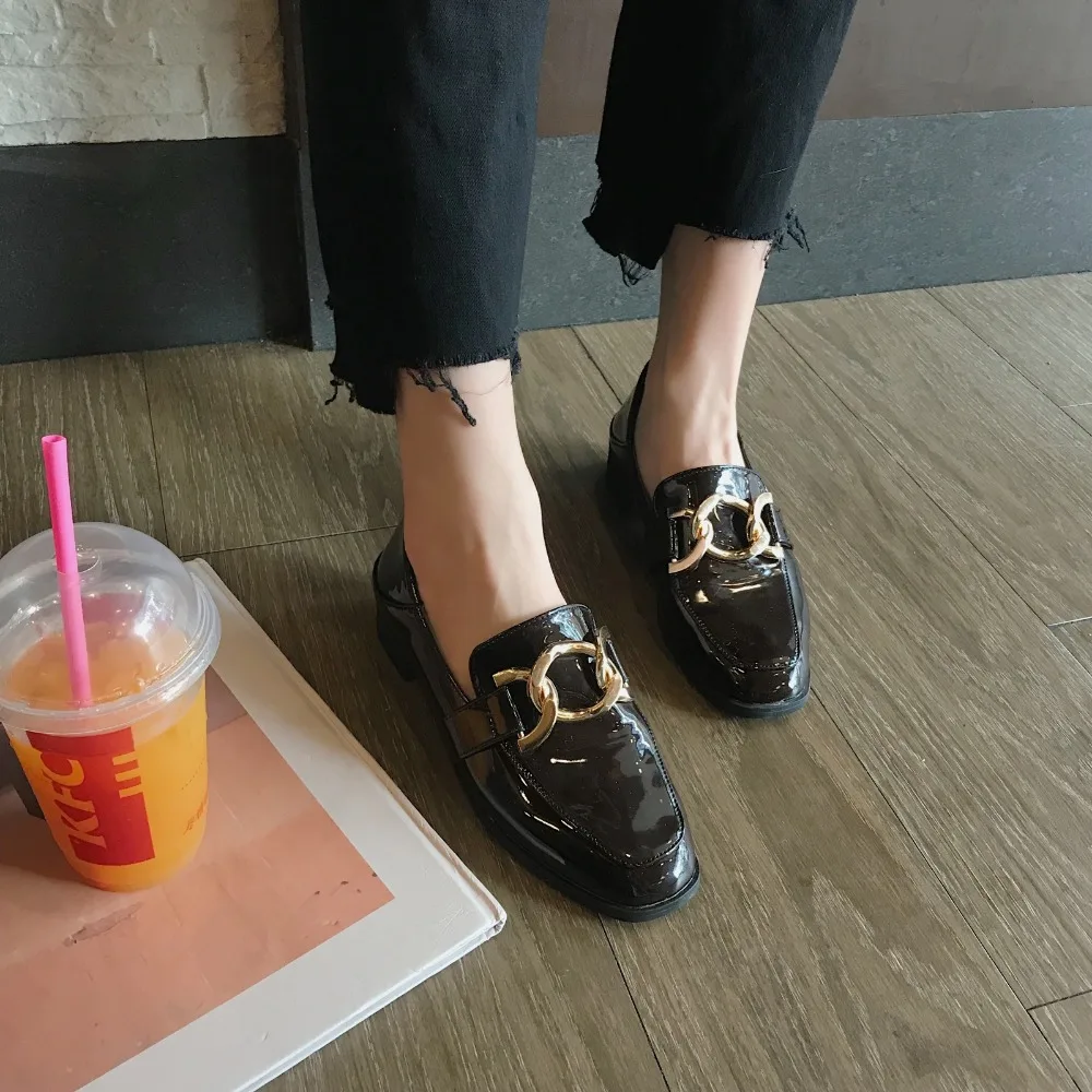 Chaîne Verni Métallique Mode Femelle Plates Noir Taille Lady Chaussures Or Rond Cuir marron Printemps Conception 39 Bout 35 Casual Appartements En Femmes Zd8wEIEgqn