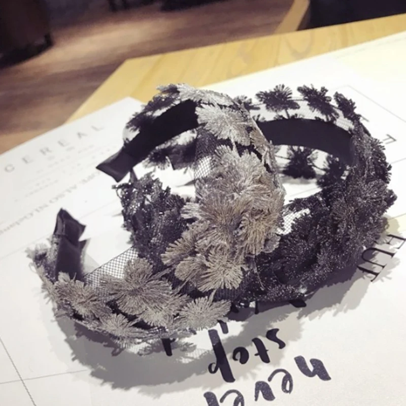Women Crystal Ribbon Retro Headband Sweet Girls Wide Hairband Hair Accessories 3 Colors