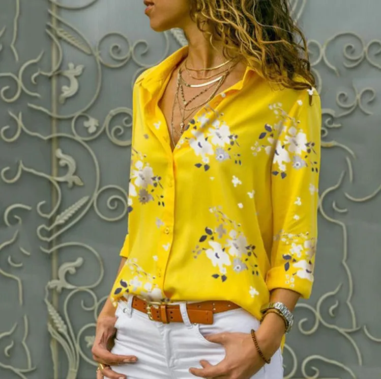 

Women Lapel Long Sleeve Blouse Girls Floral Pattern Loose Style Tops Shirt