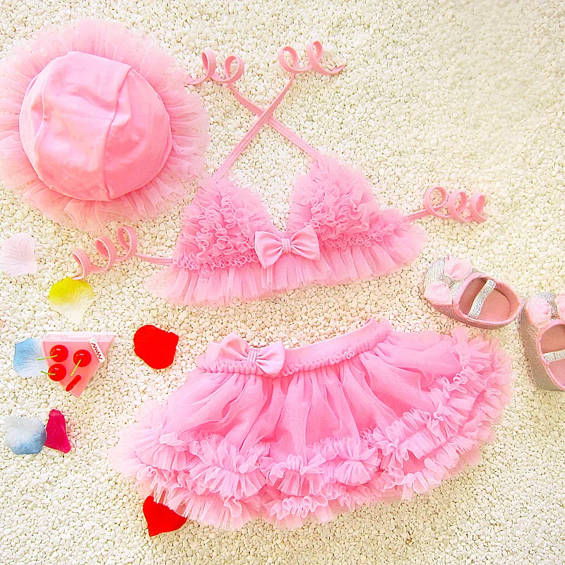 Г., летние Детские бикини, милая купальная Одежда для девочек милый детский купальный костюм принцессы из двух предметов с шапкой для плавания, От 0 до 2 лет - Цвет: pink