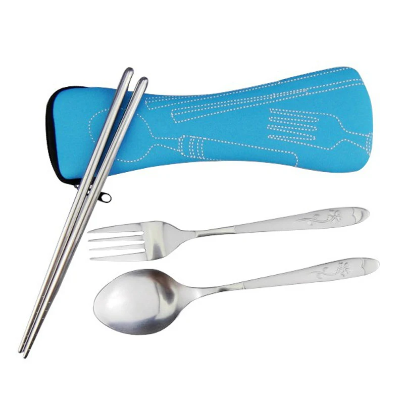 

3pcs/ Set Travel Cutlery Tableware with Bag Portable Stainless Steel Spoon Fork Chopsticks Set FP8